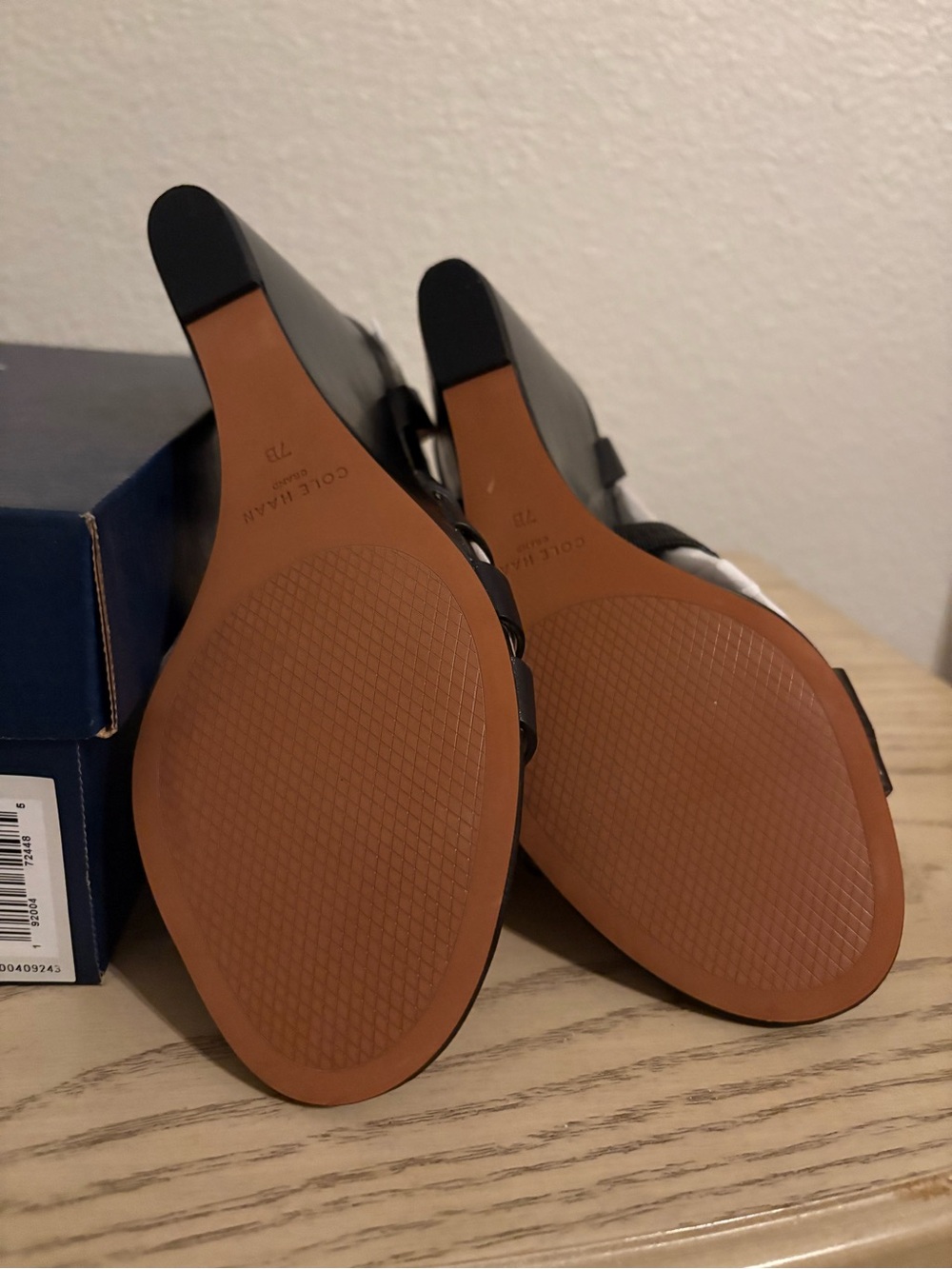 Cole Haan Black Leather Strappy Wedge Sandals with Ankle Buckle - Picture 4 of 5